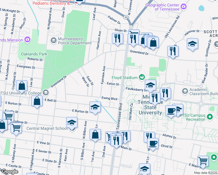 map of restaurants, bars, coffee shops, grocery stores, and more near 607 Crestland Avenue in Murfreesboro