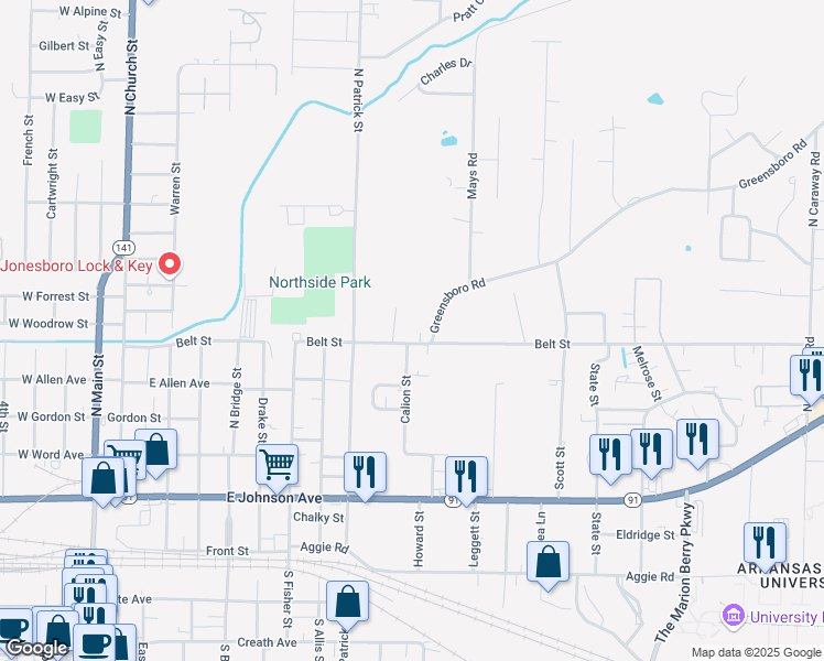 map of restaurants, bars, coffee shops, grocery stores, and more near 421 Calion Street in Jonesboro