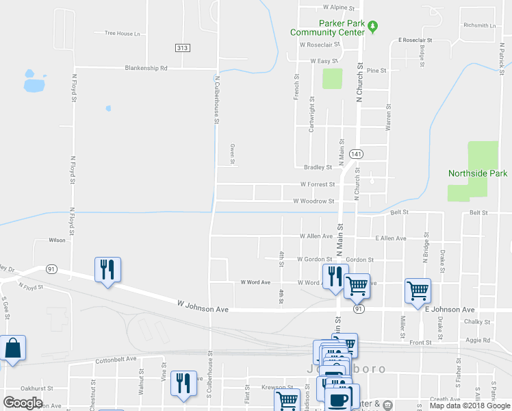 map of restaurants, bars, coffee shops, grocery stores, and more near 406 West Allen Avenue in Jonesboro