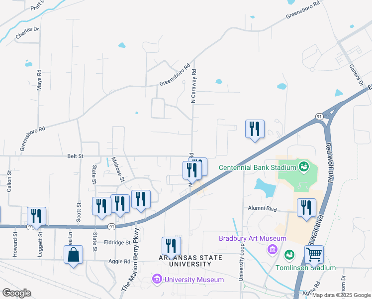 map of restaurants, bars, coffee shops, grocery stores, and more near 601 North Caraway Road in Jonesboro