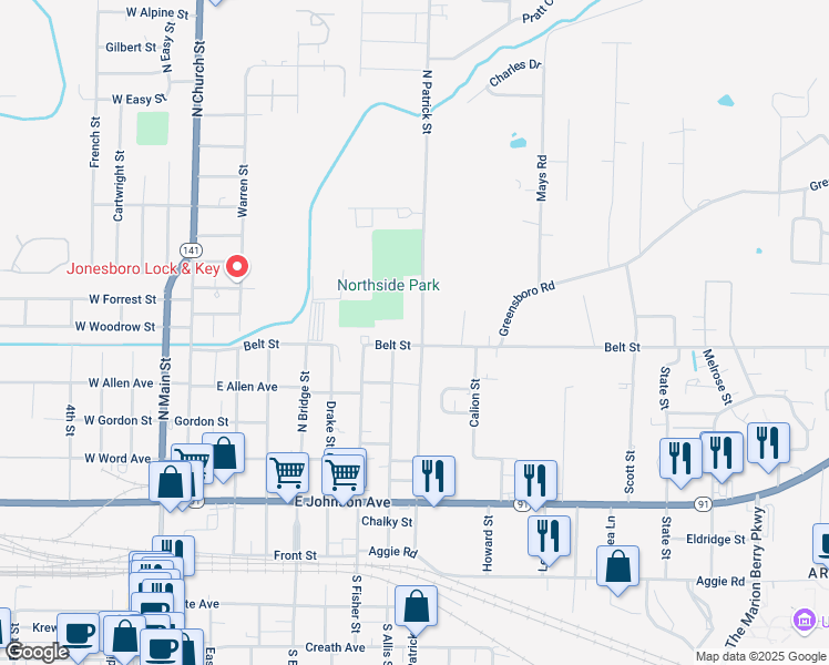 map of restaurants, bars, coffee shops, grocery stores, and more near 1001 Belt Street in Jonesboro