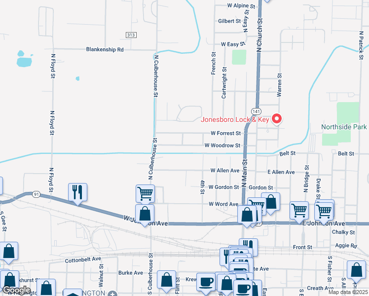 map of restaurants, bars, coffee shops, grocery stores, and more near 423 West Woodrow Street in Jonesboro