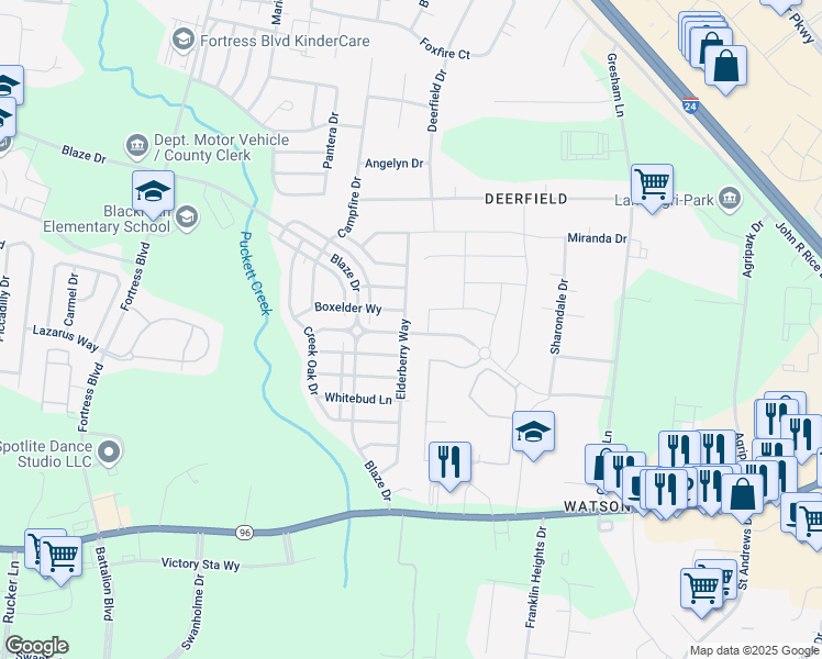 map of restaurants, bars, coffee shops, grocery stores, and more near 3408 Bluespruce Way in Murfreesboro