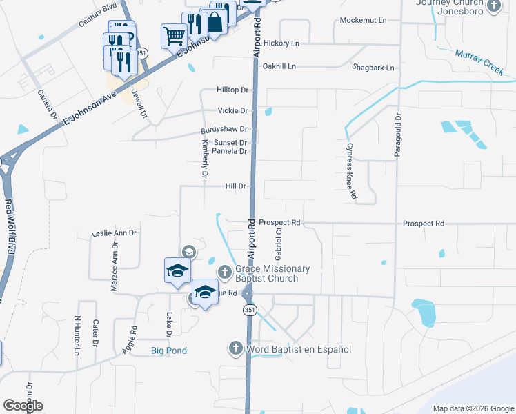 map of restaurants, bars, coffee shops, grocery stores, and more near 604 Airport Road in Jonesboro