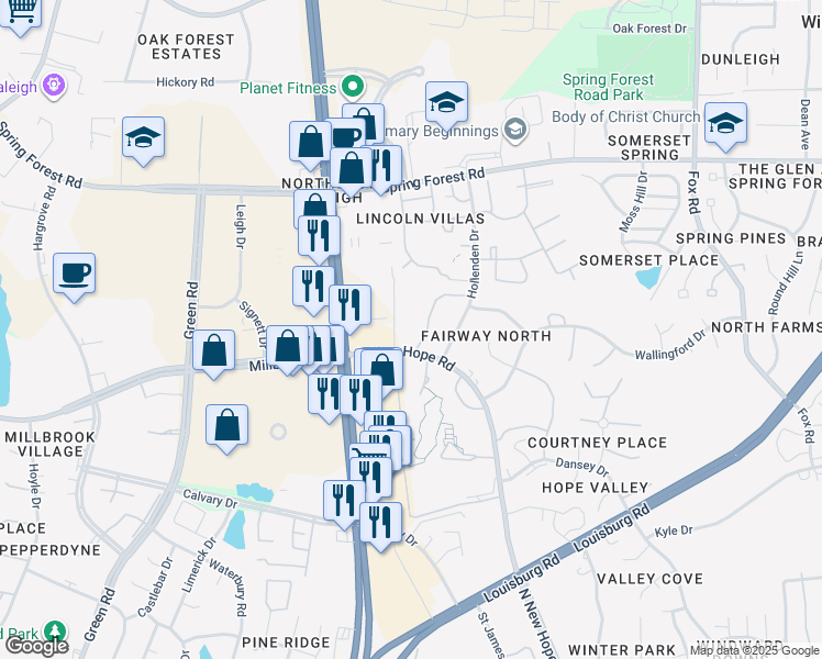 map of restaurants, bars, coffee shops, grocery stores, and more near 5040 North New Hope Road in Raleigh