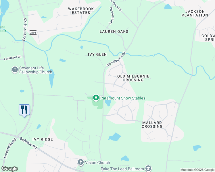 map of restaurants, bars, coffee shops, grocery stores, and more near 3429 Old Milburnie Road in Raleigh