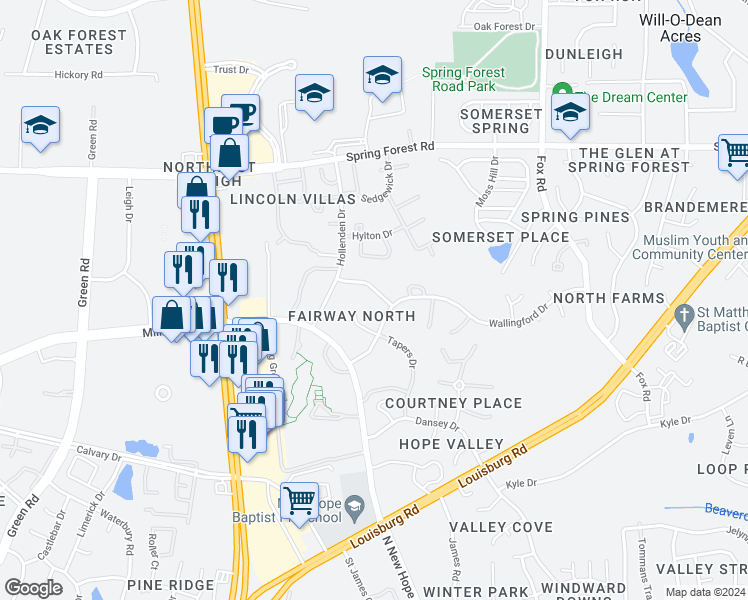 map of restaurants, bars, coffee shops, grocery stores, and more near 4908 Coral Ridge Court in Raleigh