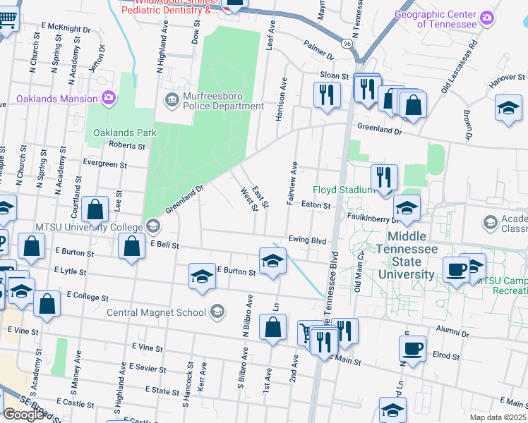 map of restaurants, bars, coffee shops, grocery stores, and more near 609 West Street in Murfreesboro