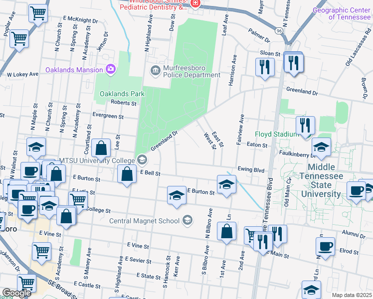 map of restaurants, bars, coffee shops, grocery stores, and more near 705 Ewing Boulevard in Murfreesboro