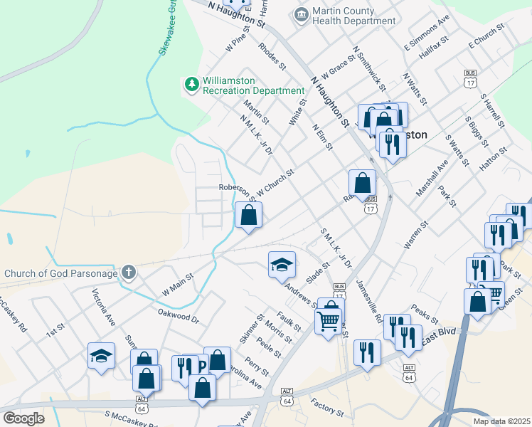 map of restaurants, bars, coffee shops, grocery stores, and more near 705 West Main Street in Williamston