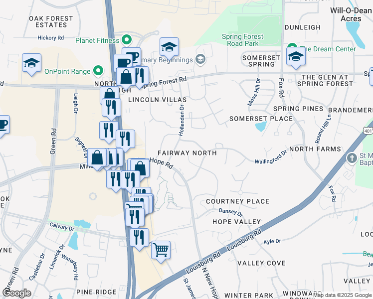 map of restaurants, bars, coffee shops, grocery stores, and more near 4929 Coral Ridge Court in Raleigh
