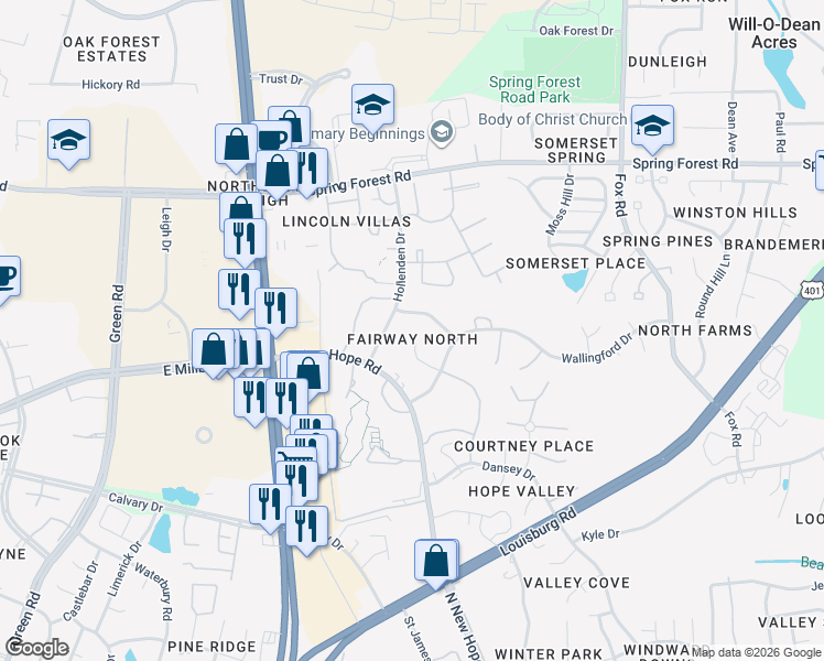 map of restaurants, bars, coffee shops, grocery stores, and more near 4929 Coral Ridge Court in Raleigh