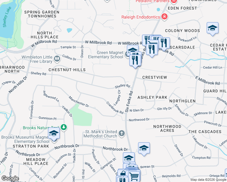 map of restaurants, bars, coffee shops, grocery stores, and more near 662 Shelley Road in Raleigh