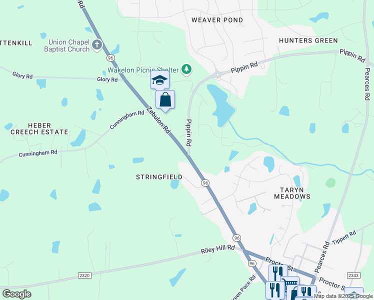map of restaurants, bars, coffee shops, grocery stores, and more near 8801 Pippin Road in Zebulon