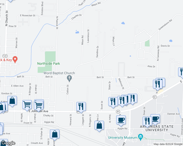 map of restaurants, bars, coffee shops, grocery stores, and more near 1502 Belt Street in Jonesboro