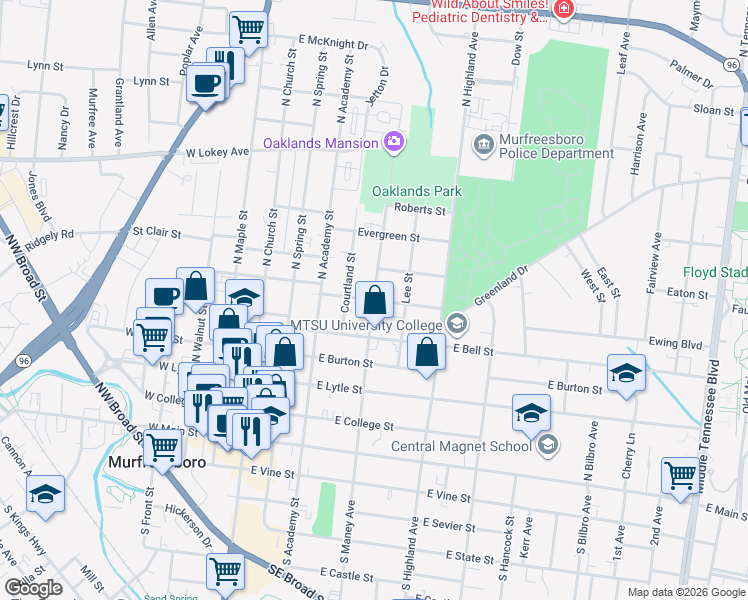 map of restaurants, bars, coffee shops, grocery stores, and more near North Maney Avenue in Murfreesboro