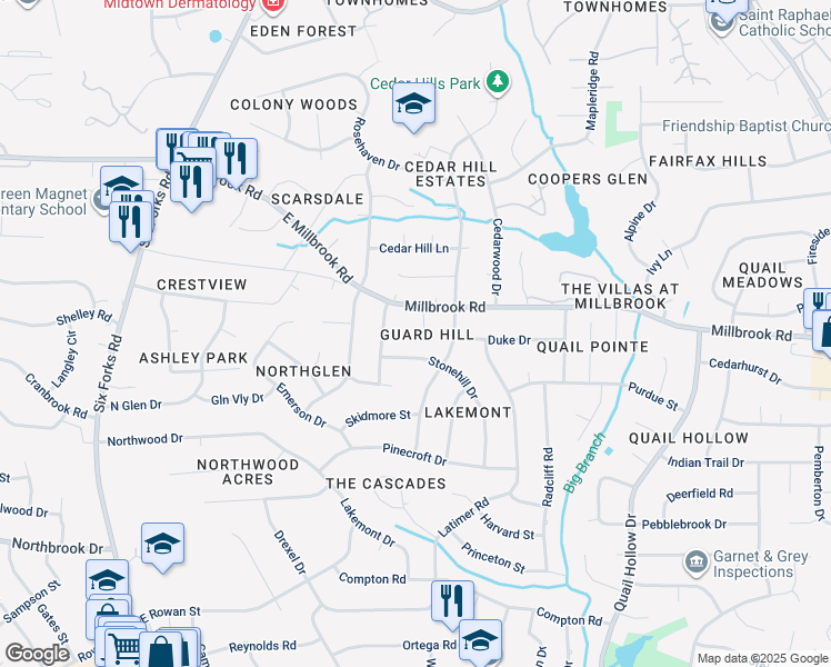 map of restaurants, bars, coffee shops, grocery stores, and more near 4920 Great Meadows Court in Raleigh