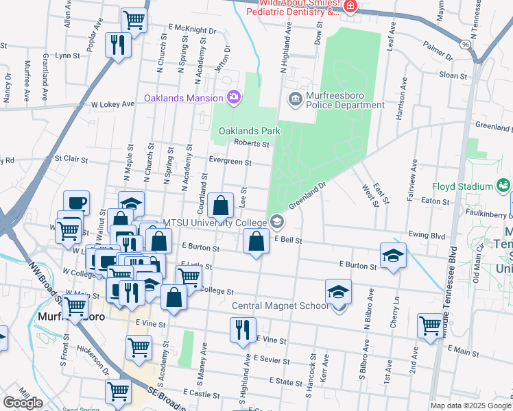 map of restaurants, bars, coffee shops, grocery stores, and more near 454 Forrest Street in Murfreesboro