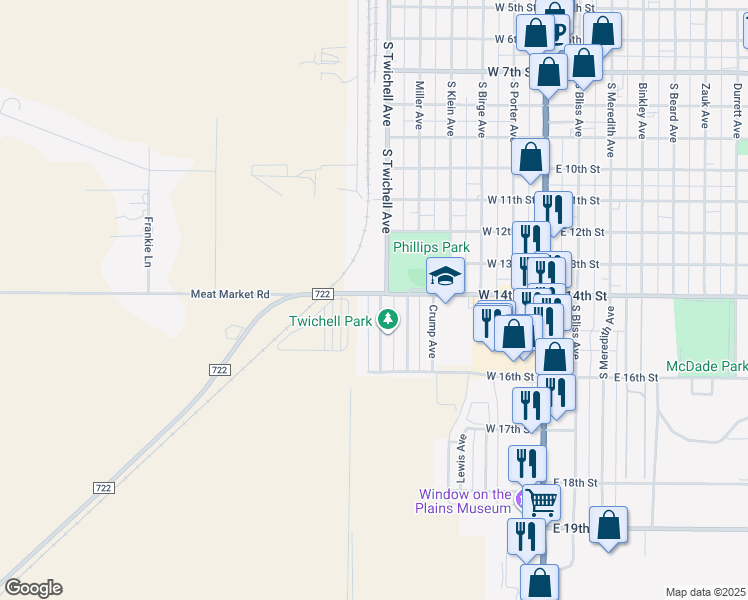 map of restaurants, bars, coffee shops, grocery stores, and more near 1400 South Twichell Avenue in Dumas