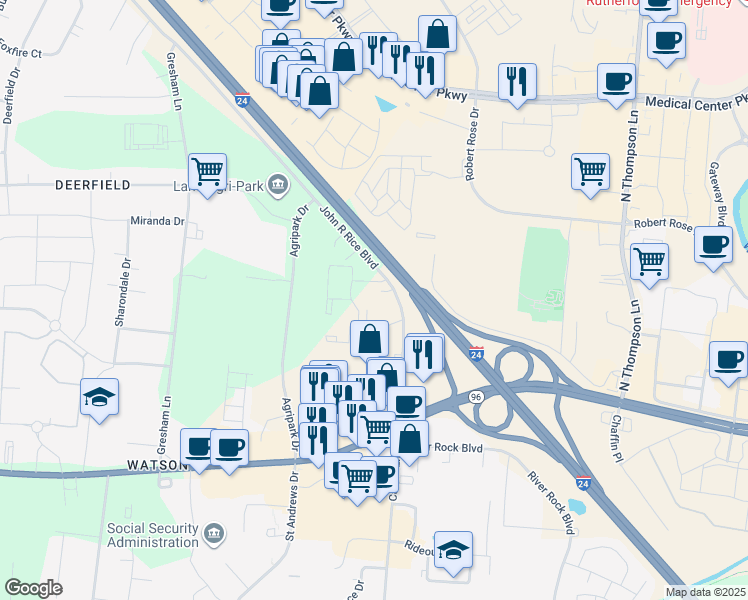 map of restaurants, bars, coffee shops, grocery stores, and more near 229 John Rice Boulevard in Murfreesboro