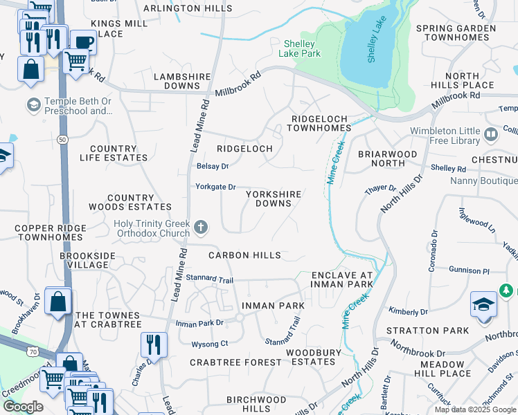 map of restaurants, bars, coffee shops, grocery stores, and more near 2101 Yorkgate Drive in Raleigh