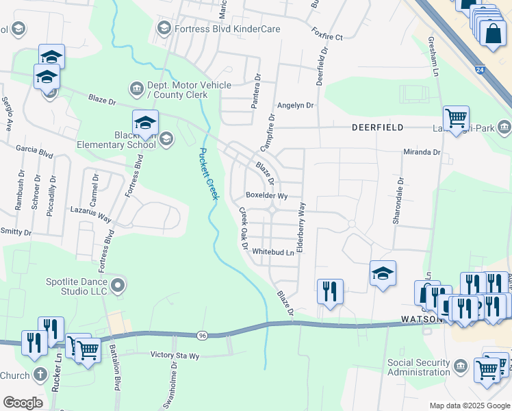 map of restaurants, bars, coffee shops, grocery stores, and more near 3528 Box Elder Way in Murfreesboro