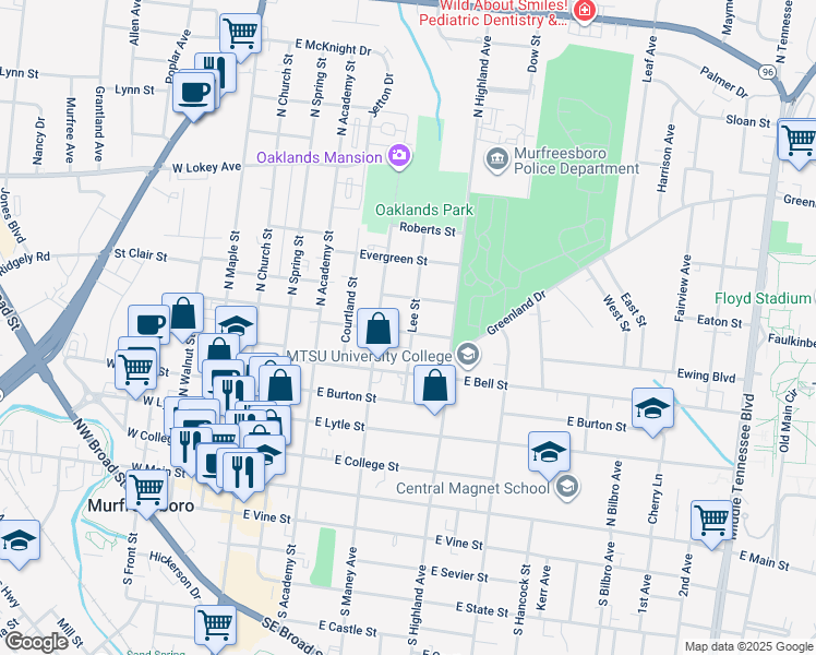 map of restaurants, bars, coffee shops, grocery stores, and more near 425 Jackson Street in Murfreesboro