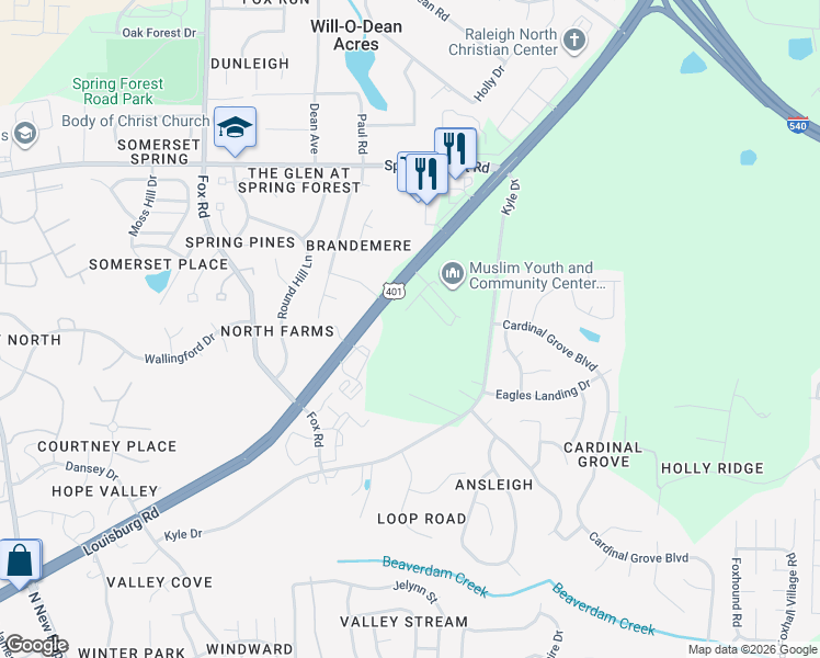 map of restaurants, bars, coffee shops, grocery stores, and more near 5418 Louisburg Road in Raleigh