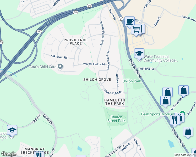 map of restaurants, bars, coffee shops, grocery stores, and more near 1401 Grace Point Road in Morrisville