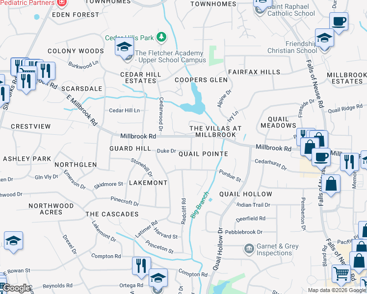 map of restaurants, bars, coffee shops, grocery stores, and more near 620 East Millbrook Road in Raleigh