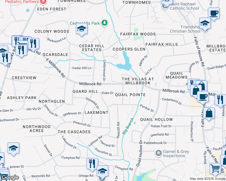 map of restaurants, bars, coffee shops, grocery stores, and more near 620 East Millbrook Road in Raleigh