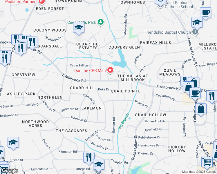 map of restaurants, bars, coffee shops, grocery stores, and more near 620 East Millbrook Road in Raleigh