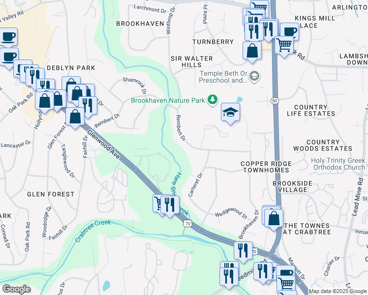 map of restaurants, bars, coffee shops, grocery stores, and more near 4815 Rembert Drive in Raleigh