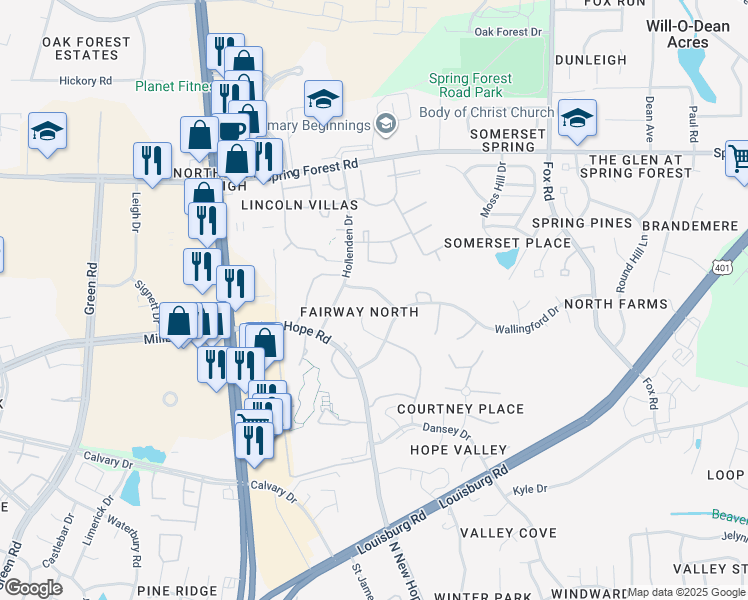 map of restaurants, bars, coffee shops, grocery stores, and more near 4940 Pebble Beach Drive in Raleigh