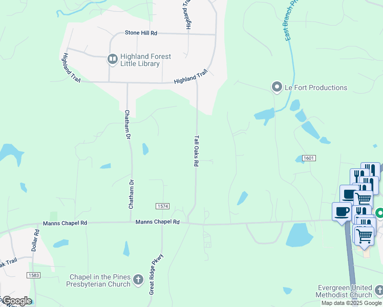 map of restaurants, bars, coffee shops, grocery stores, and more near 361 Tall Oaks Road in Chapel Hill