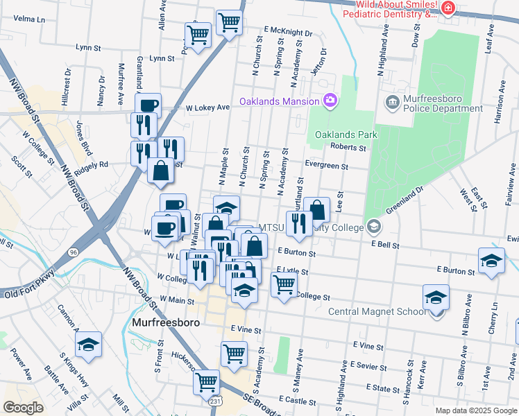 map of restaurants, bars, coffee shops, grocery stores, and more near 603 North Spring Street in Murfreesboro