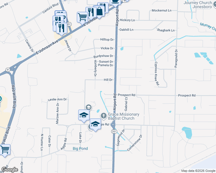 map of restaurants, bars, coffee shops, grocery stores, and more near 3910 Hill Drive in Jonesboro