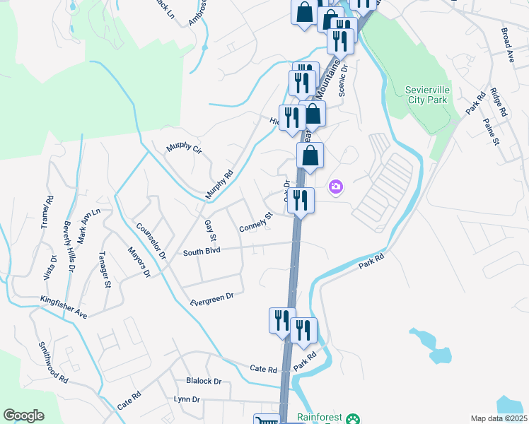 map of restaurants, bars, coffee shops, grocery stores, and more near 302 John L Marshall Drive in Sevierville
