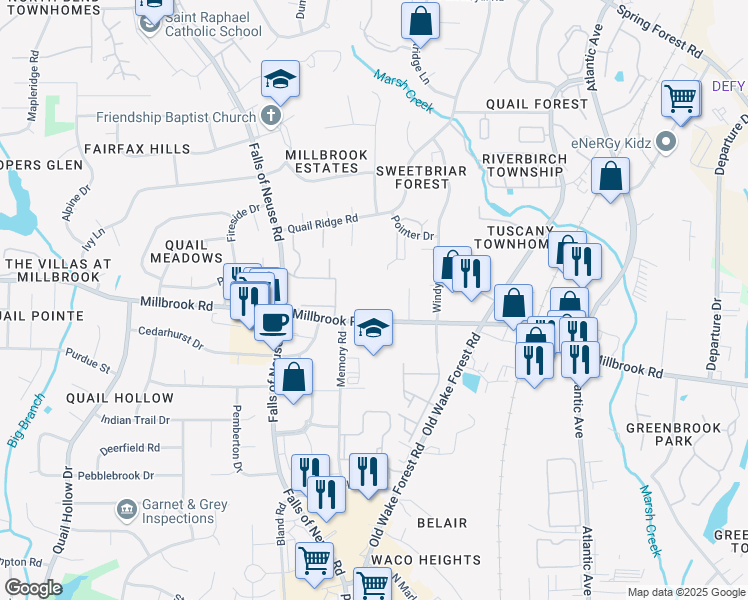 map of restaurants, bars, coffee shops, grocery stores, and more near 1519 East Millbrook Road in Raleigh