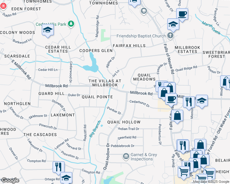 map of restaurants, bars, coffee shops, grocery stores, and more near 900 East Millbrook Road in Raleigh