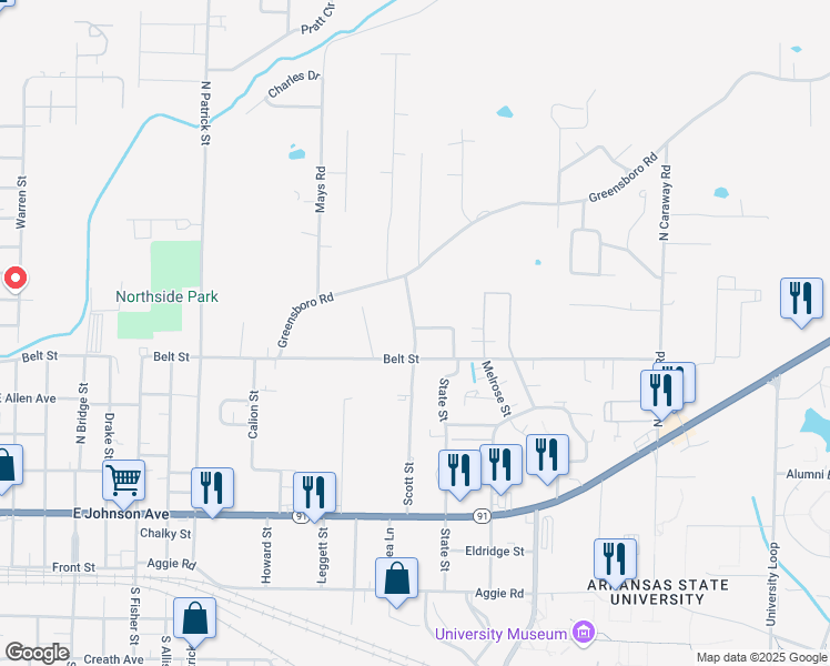 map of restaurants, bars, coffee shops, grocery stores, and more near Scott Street in Jonesboro