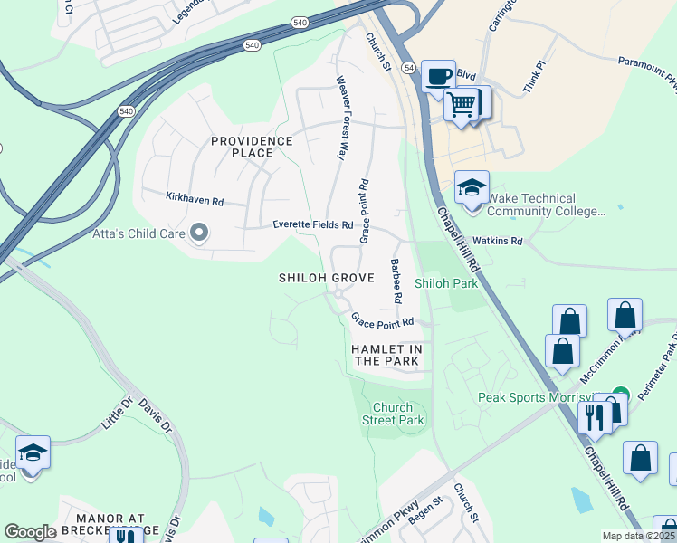 map of restaurants, bars, coffee shops, grocery stores, and more near 1310 Grace Point Road in Morrisville