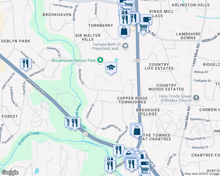 map of restaurants, bars, coffee shops, grocery stores, and more near 5201 Brookhaven Drive in Raleigh