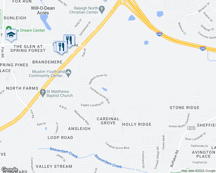 map of restaurants, bars, coffee shops, grocery stores, and more near 5405 Orchard Pond Drive in Raleigh