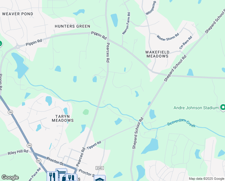 map of restaurants, bars, coffee shops, grocery stores, and more near 2449 Village Of Wakefield Drive in Zebulon