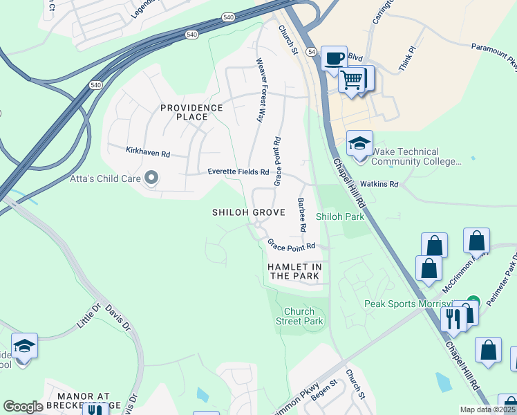 map of restaurants, bars, coffee shops, grocery stores, and more near 1310 Grace Point Road in Morrisville