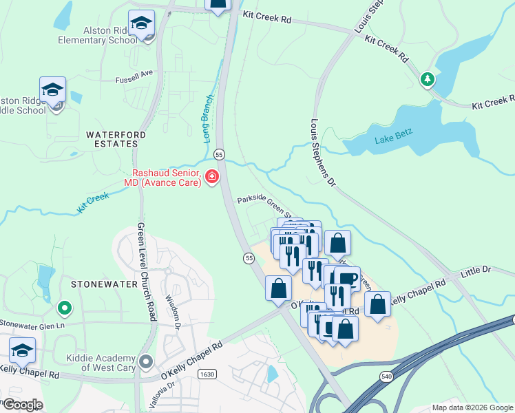 map of restaurants, bars, coffee shops, grocery stores, and more near 1936 Dominion Oak Circle in Cary