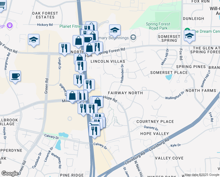 map of restaurants, bars, coffee shops, grocery stores, and more near 5048 North New Hope Road in Raleigh