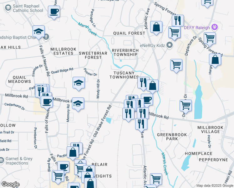 map of restaurants, bars, coffee shops, grocery stores, and more near 5232 Old Wake Forest Road in Raleigh