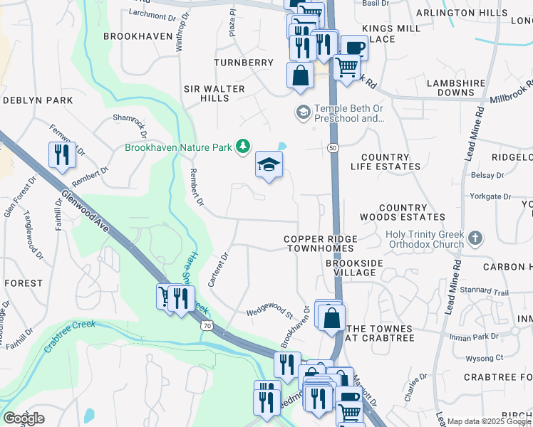 map of restaurants, bars, coffee shops, grocery stores, and more near 5201 Brookhaven Drive in Raleigh